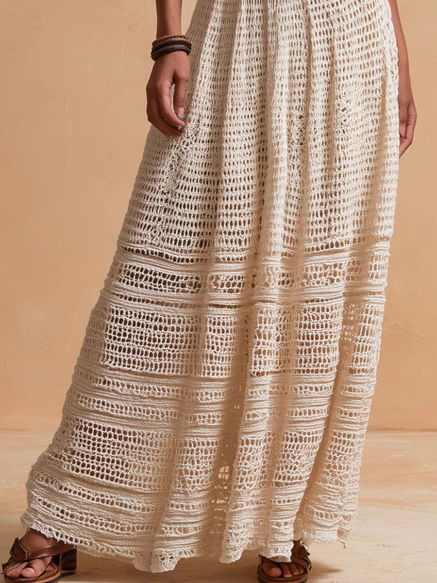Boho Chic Ivory Crochet Halter Maxi Dress With Waist Belt - Image 6