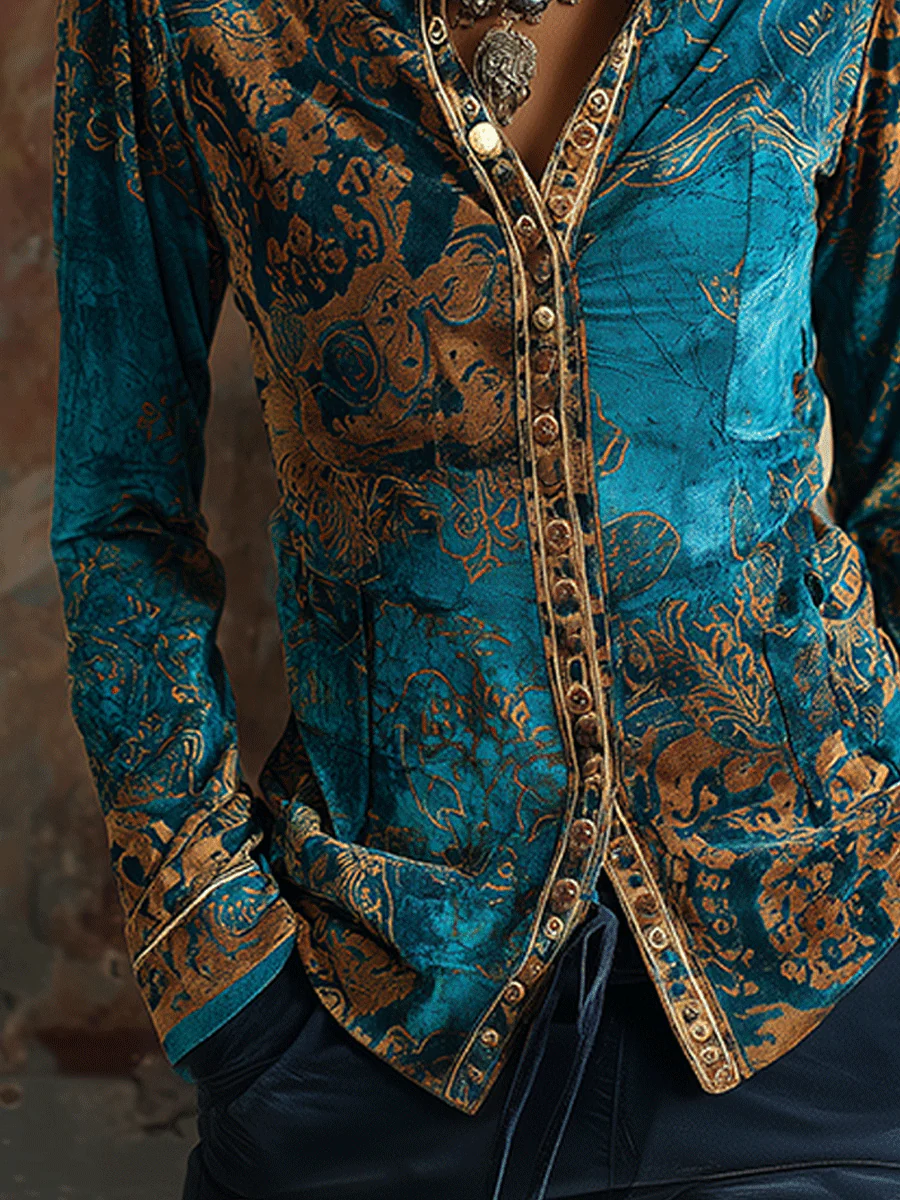 Boho Chic Vintage Peacock Blue Velvet Golden Print Fit Blouse - Image 4
