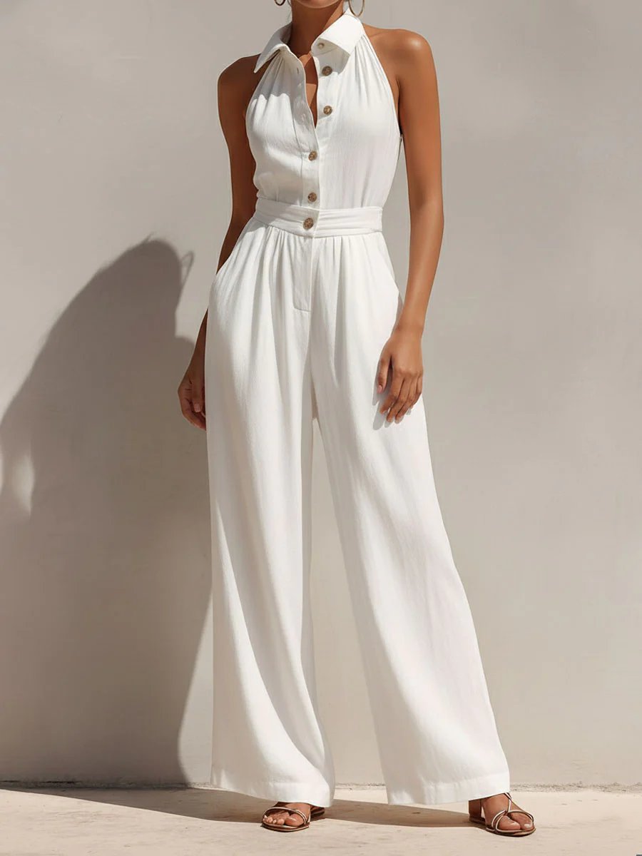 Boho Chic White Button-Front Wide-Leg Jumpsuit - Image 3