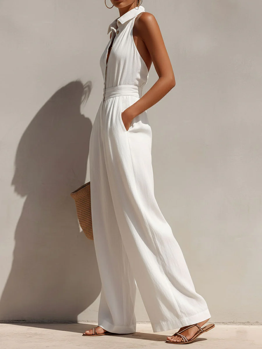 Boho Chic White Button-Front Wide-Leg Jumpsuit - Image 5