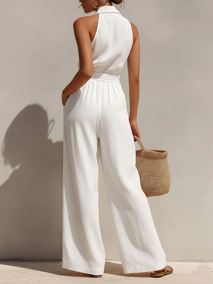 Boho Chic White Button-Front Wide-Leg Jumpsuit - Image 6