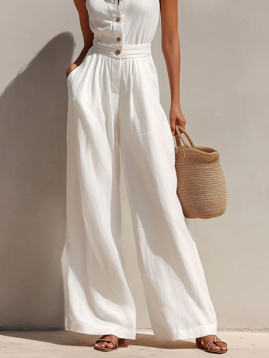 Boho Chic White Button-Front Wide-Leg Jumpsuit - Image 7