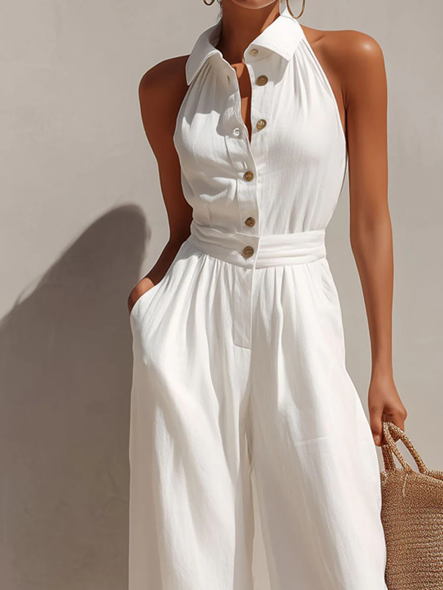 Boho Chic White Button-Front Wide-Leg Jumpsuit - Image 8
