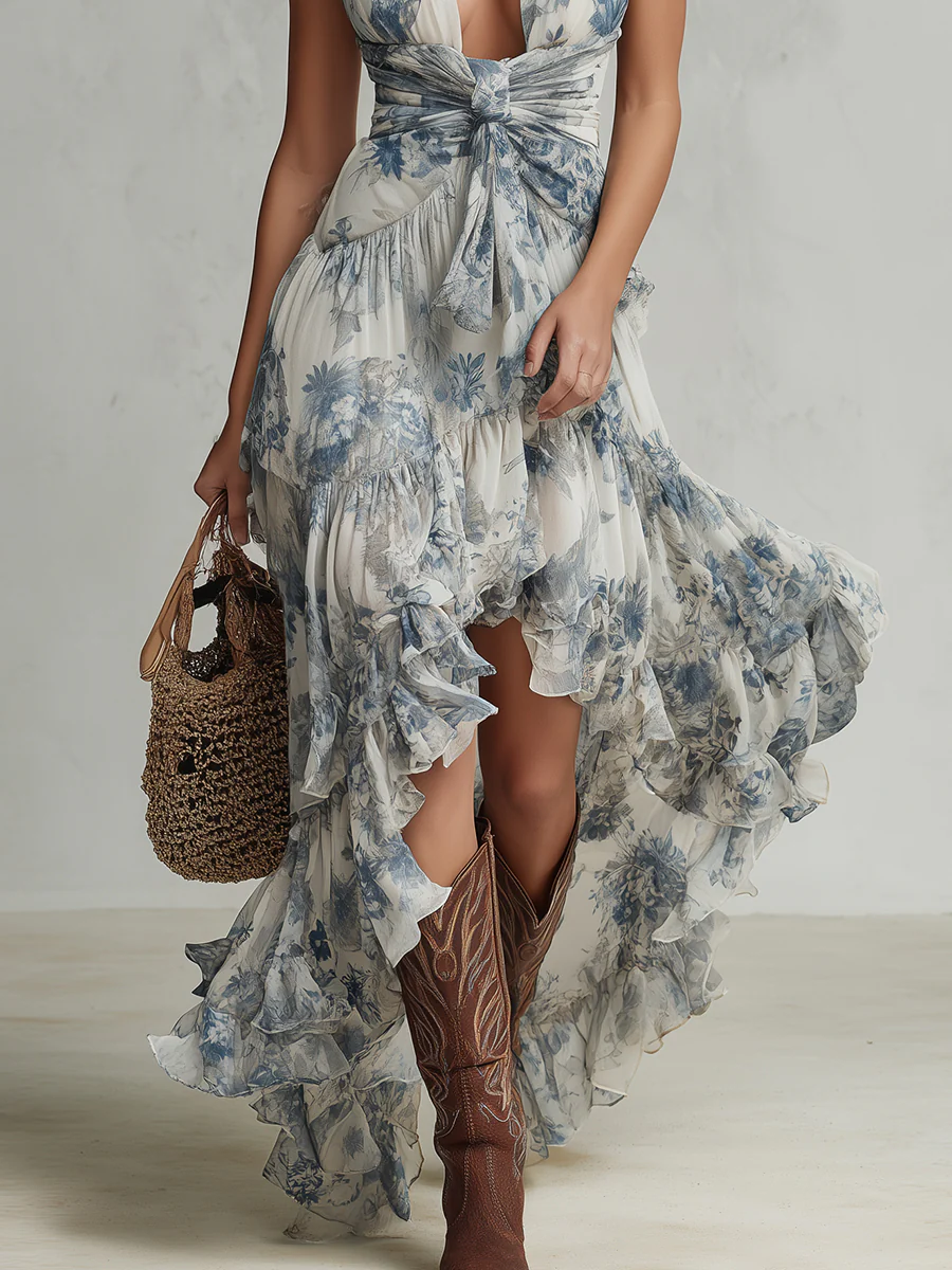 Boho Chiffon Print Multi-layer Ruffle Hem Maxi Dress - Image 3