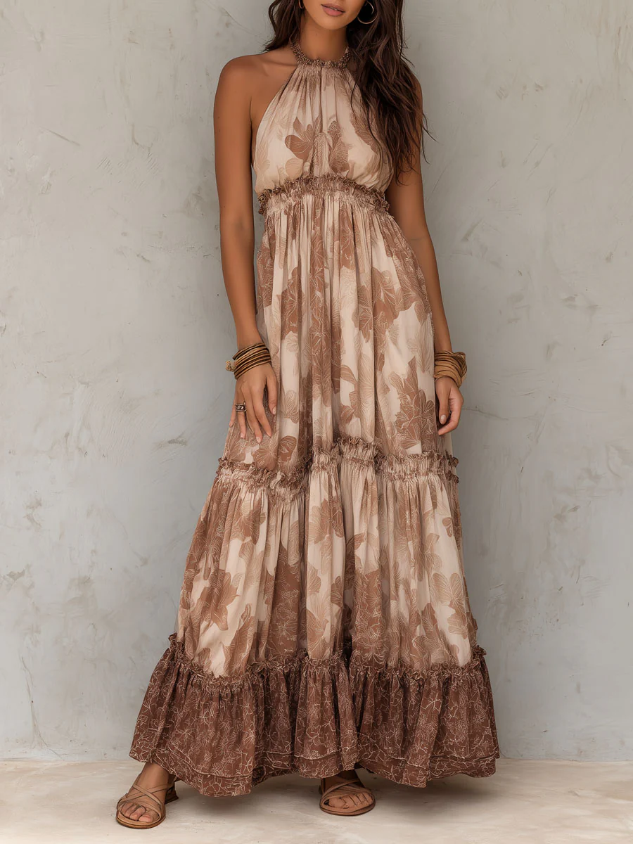 Boho Cocoa Blossom Tiered Halter Maxi Dress