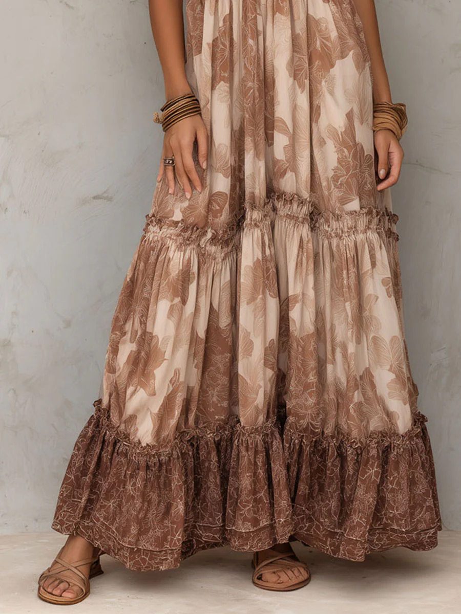 Boho Cocoa Blossom Tiered Halter Maxi Dress - Image 3