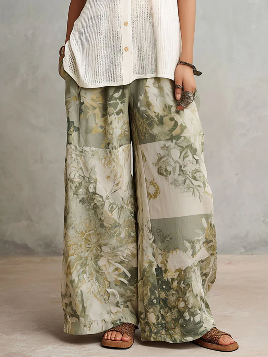 Boho Cream Knit Top And Sage Floral Patchwork Wide-Leg Pants Set - Image 3