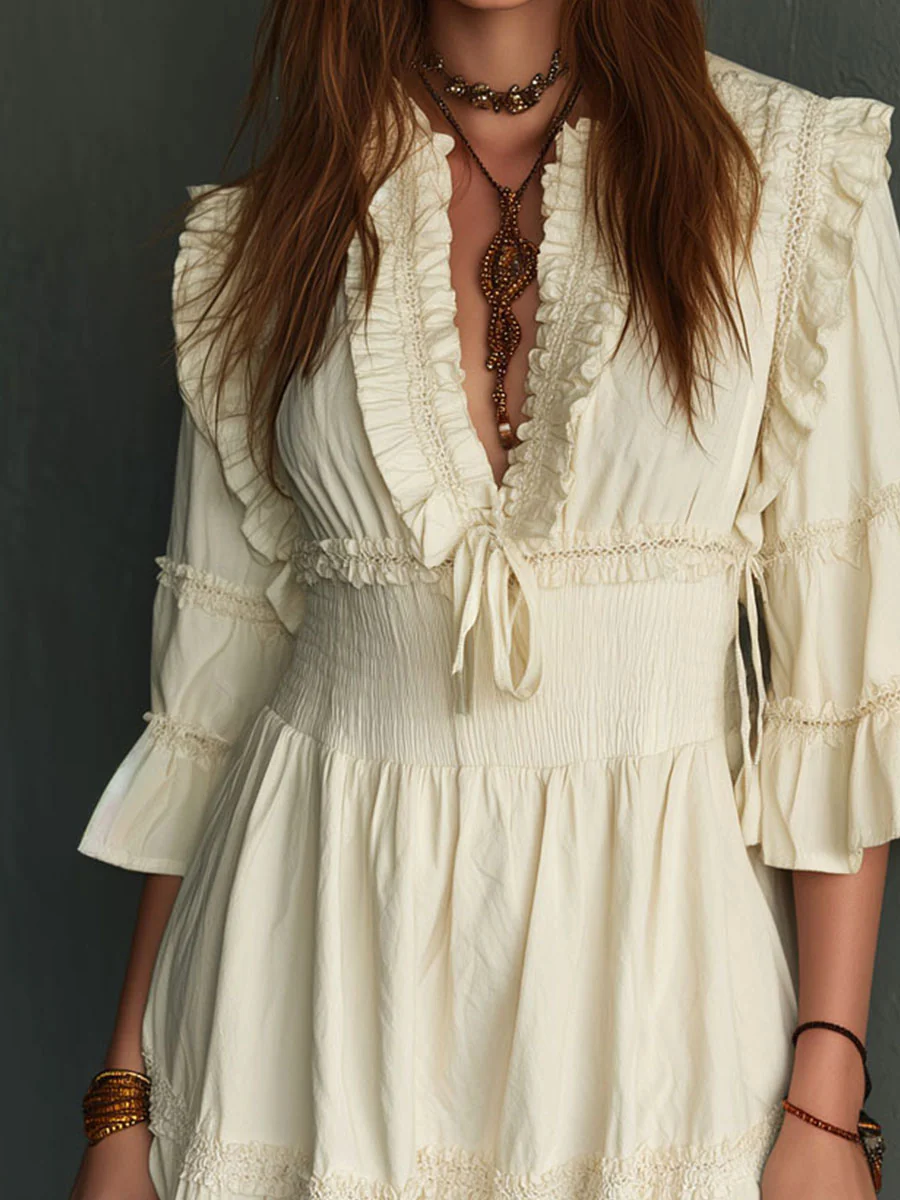 Boho Cream Ruffled Smocked Mini Dress - Image 2