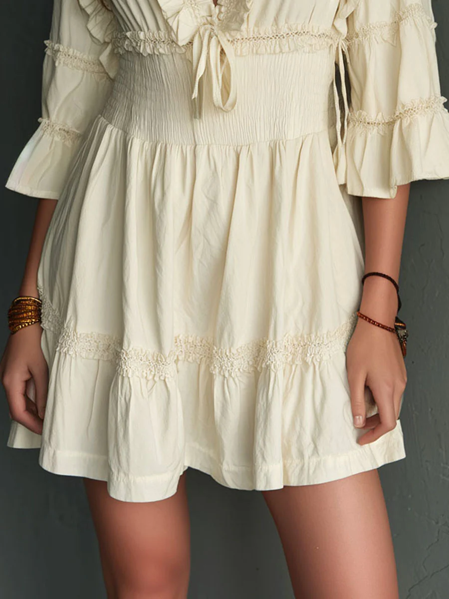 Boho Cream Ruffled Smocked Mini Dress - Image 3