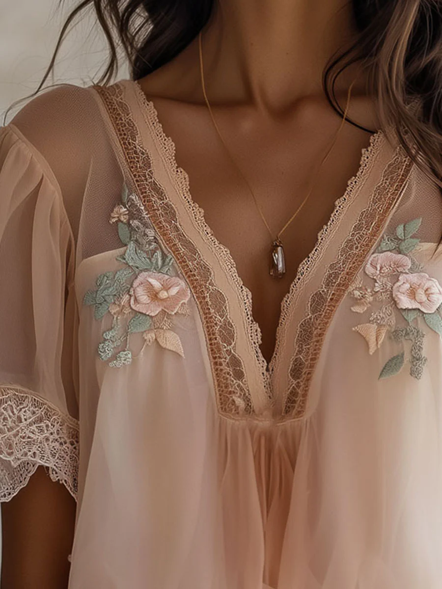Boho Floral Embroidered Chiffon Blouse - Image 5