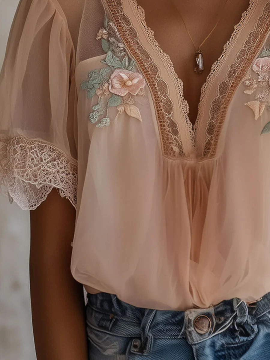 Boho Floral Embroidered Chiffon Blouse - Image 6