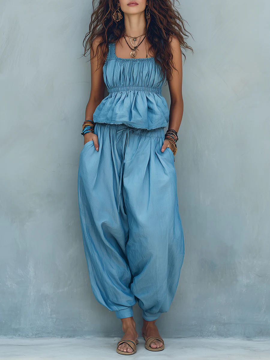Boho Denim Sleeveless Blouse & Harem Pants Set