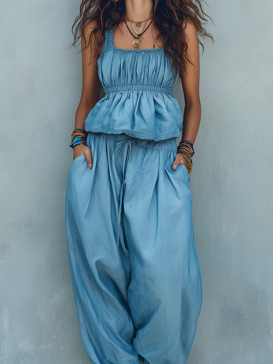 Boho Denim Sleeveless Blouse & Harem Pants Set - Image 2