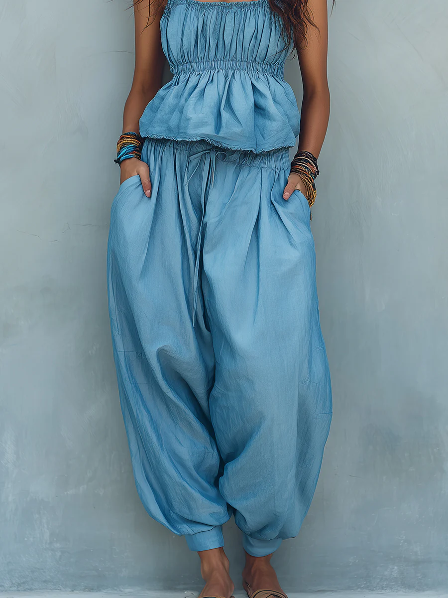 Boho Denim Sleeveless Blouse & Harem Pants Set - Image 3