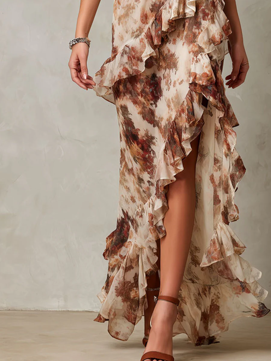Boho Earth-Tone Tie-Dye Print Ruffled Chiffon Maxi Dress - Image 3