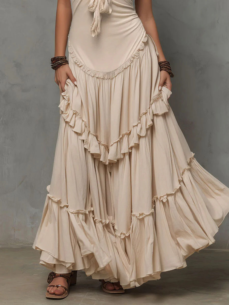 Boho Elegant Sandstone Ruffled Halter Maxi Dress - Image 3
