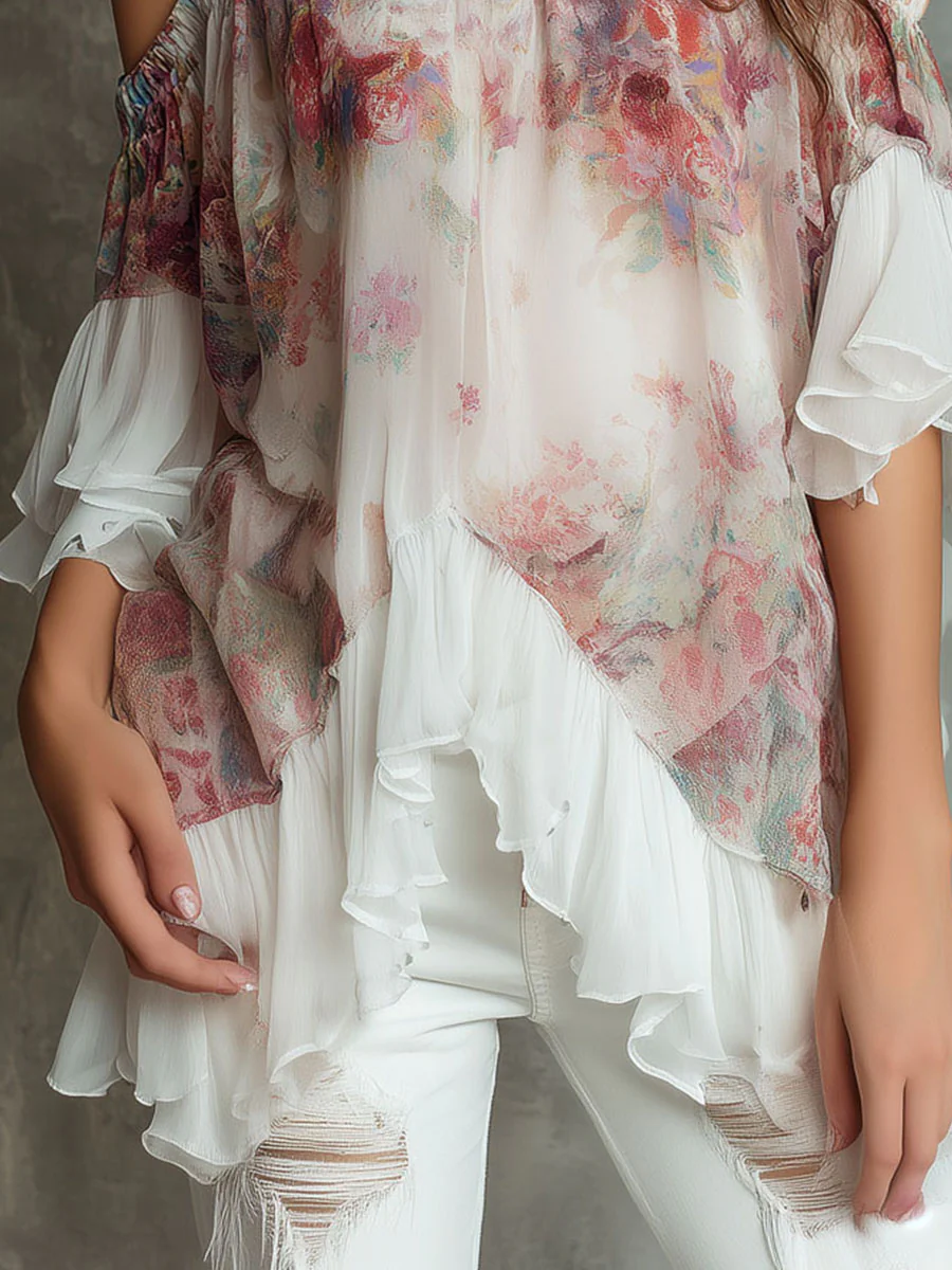 Boho Floral Off-Shoulder Chiffon Blouse With Ruffled Hem - Image 2