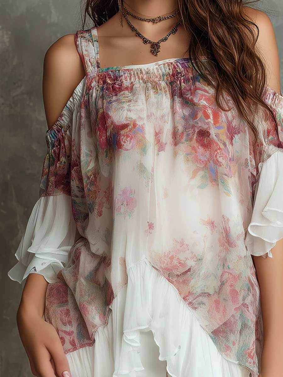 Boho Floral Off-Shoulder Chiffon Blouse With Ruffled Hem - Image 3