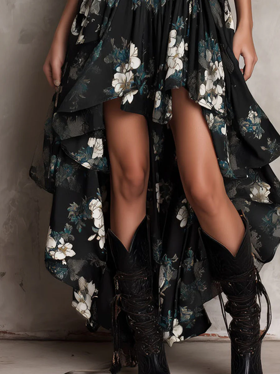 Boho Floral Print High-Low Ruffled Midi Dress - Image 2
