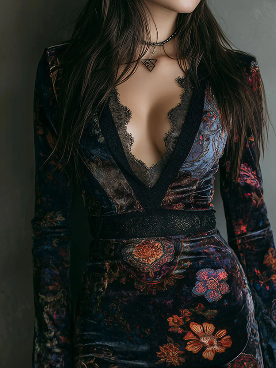 Boho Floral Print V-Neck Velvet Bodycon Mini Dress With Lace Trim - Image 4