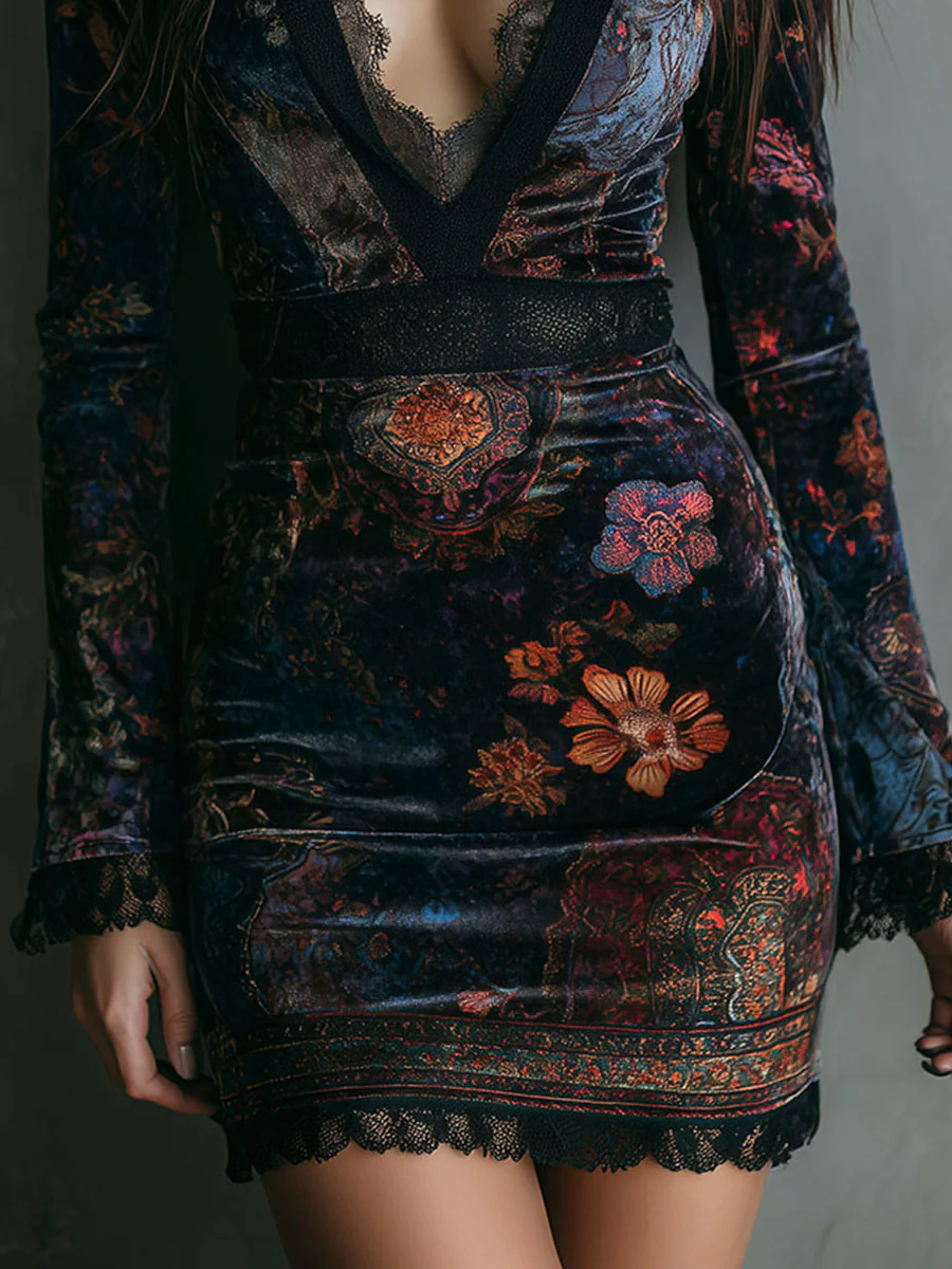 Boho Floral Print V-Neck Velvet Bodycon Mini Dress With Lace Trim - Image 5
