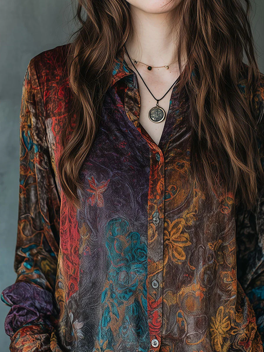 Boho Floral Print Velvet Long Sleeve Button Down Shirt - Image 2