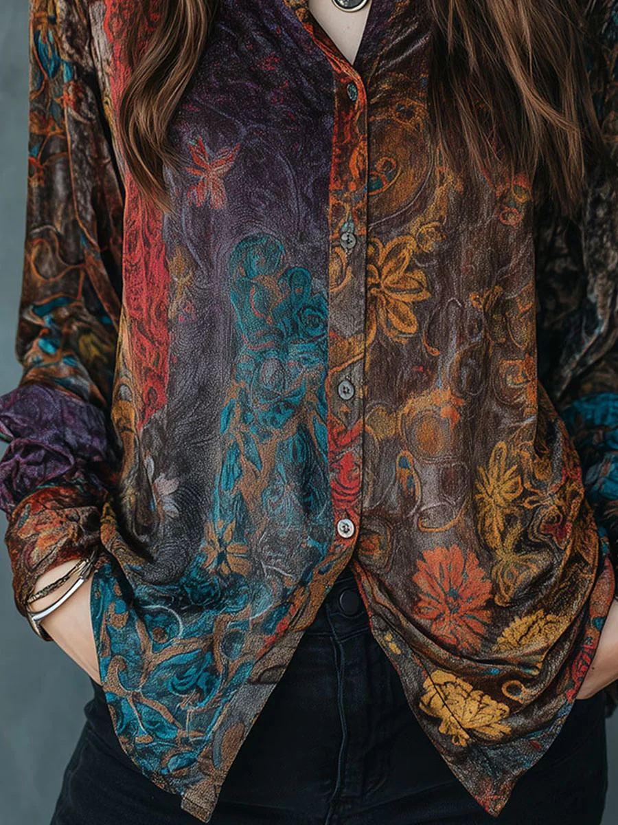Boho Floral Print Velvet Long Sleeve Button Down Shirt - Image 3