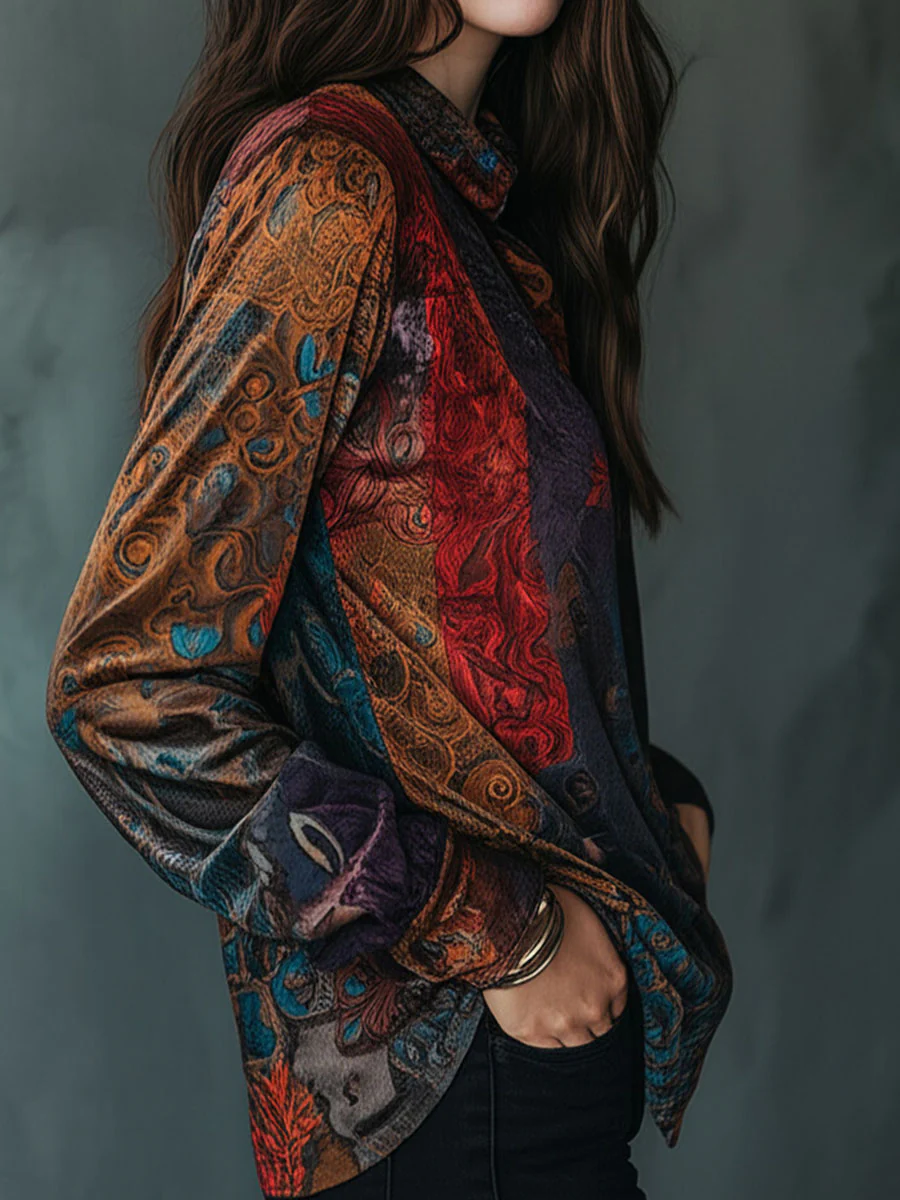 Boho Floral Print Velvet Long Sleeve Button Down Shirt - Image 4