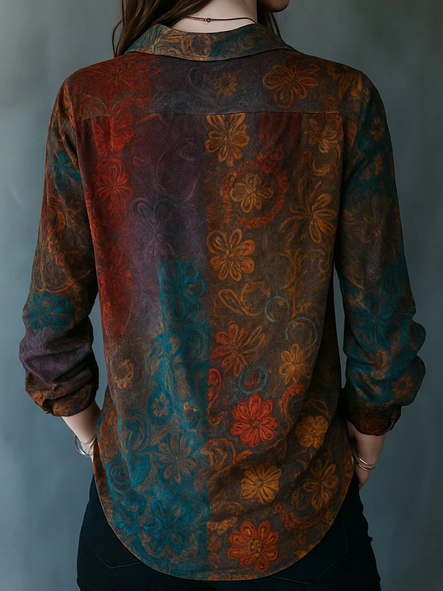 Boho Floral Print Velvet Long Sleeve Button Down Shirt - Image 5