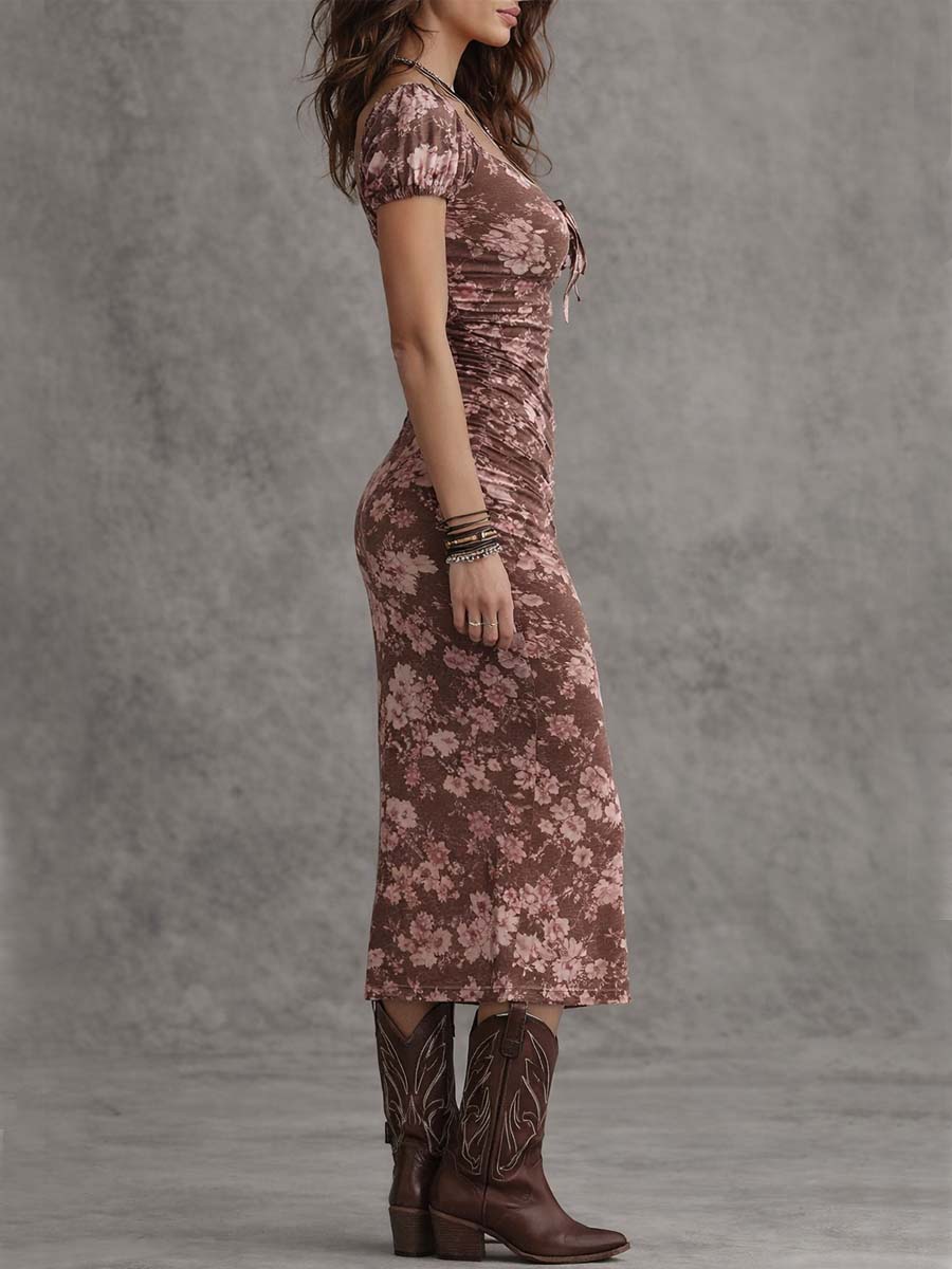 Boho Floral Sweetheart Neck Puff Sleeve Bodycon Midi Dress With Slit - Image 3