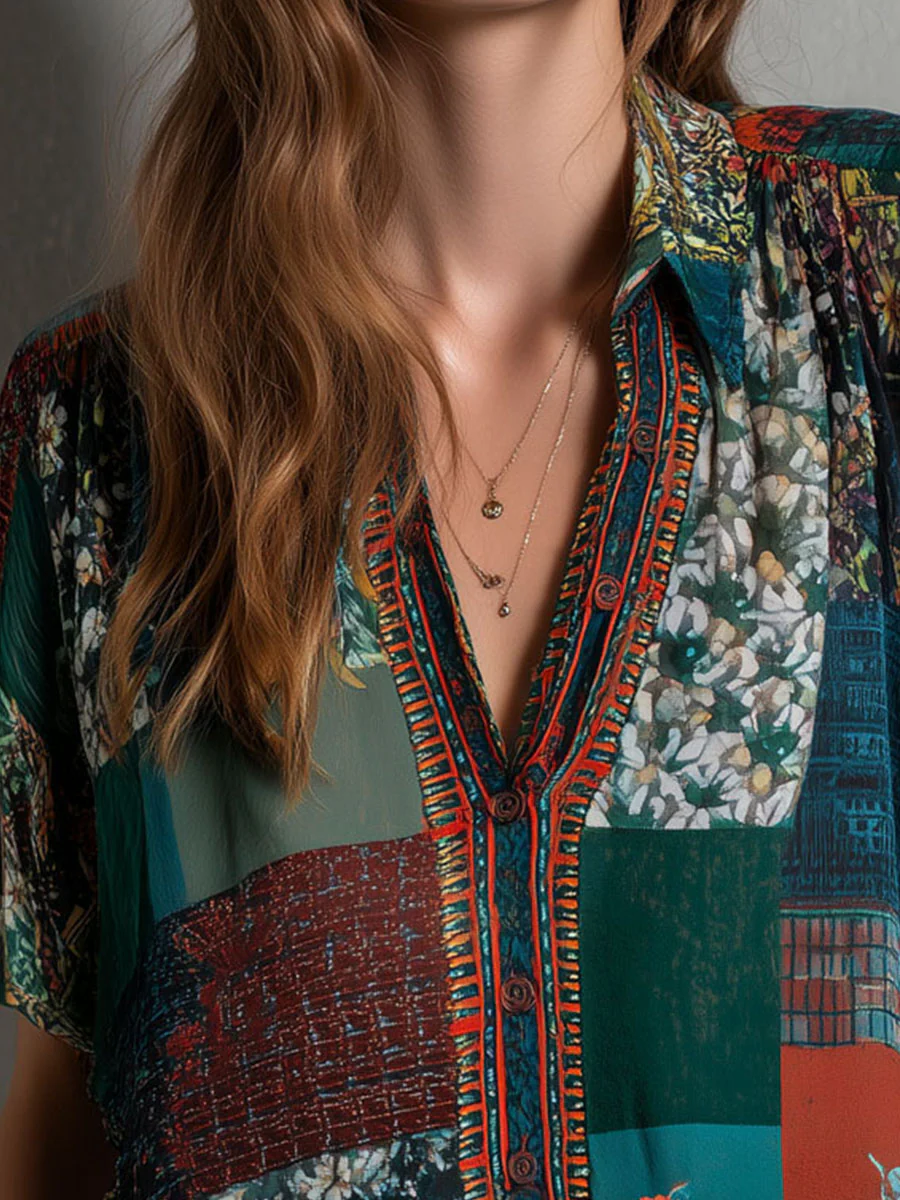 Boho Forest Mosaic Patchwork Print Button Blouse - Image 2