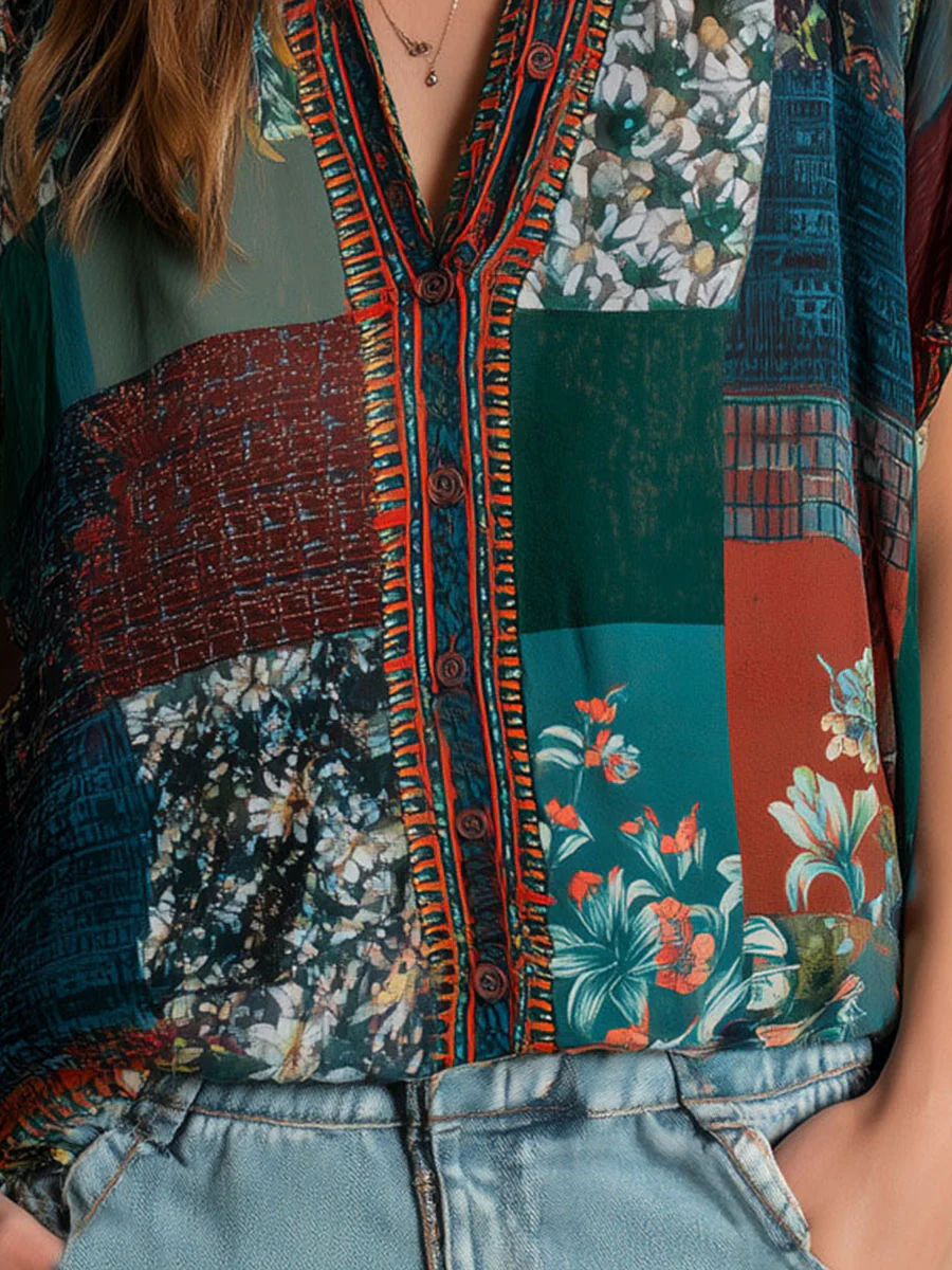 Boho Forest Mosaic Patchwork Print Button Blouse - Image 3
