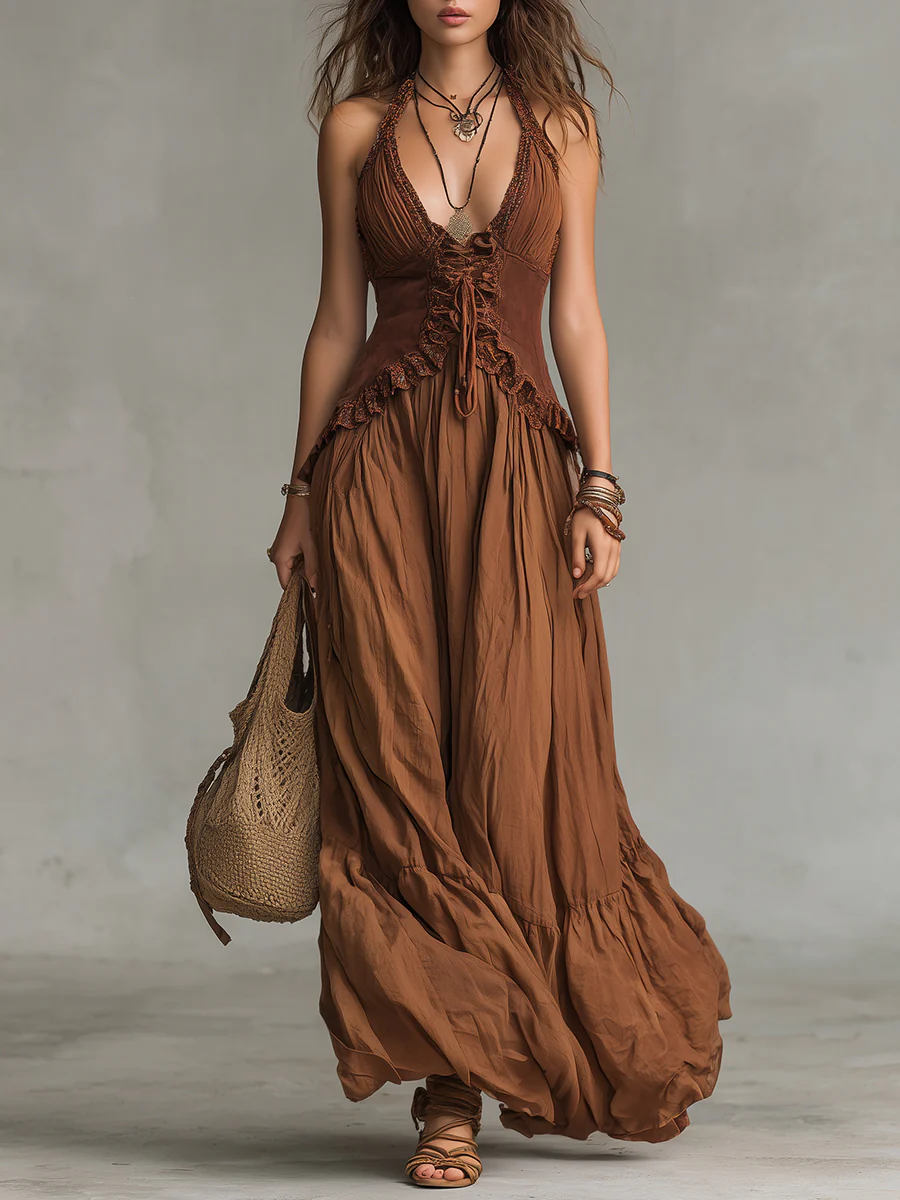 Boho Fungus Trim Splicing Suspender Maxi Dress