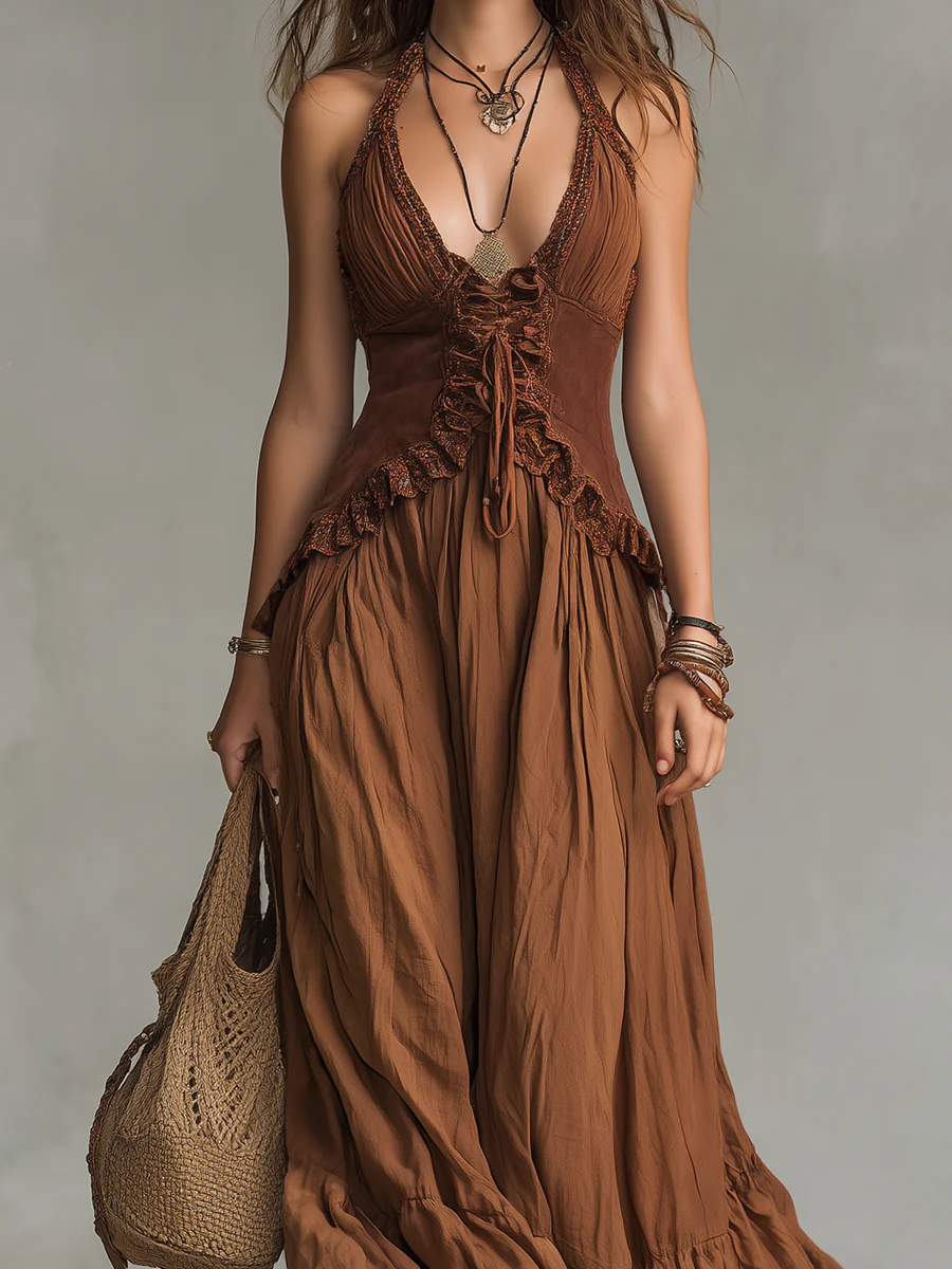 Boho Fungus Trim Splicing Suspender Maxi Dress - Image 2