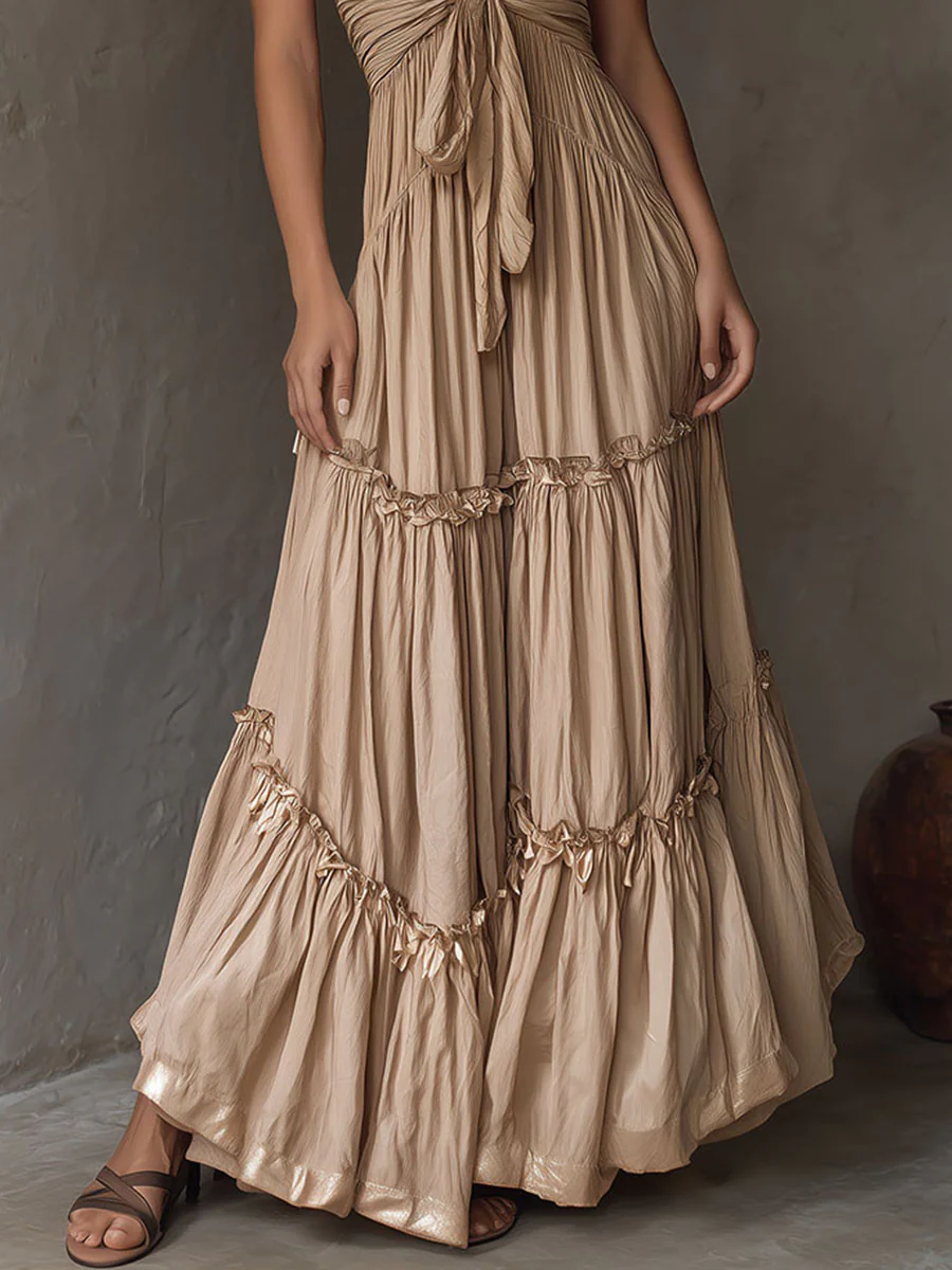 Boho Golden Sand Halter Tie-Front Maxi Dress - Image 3