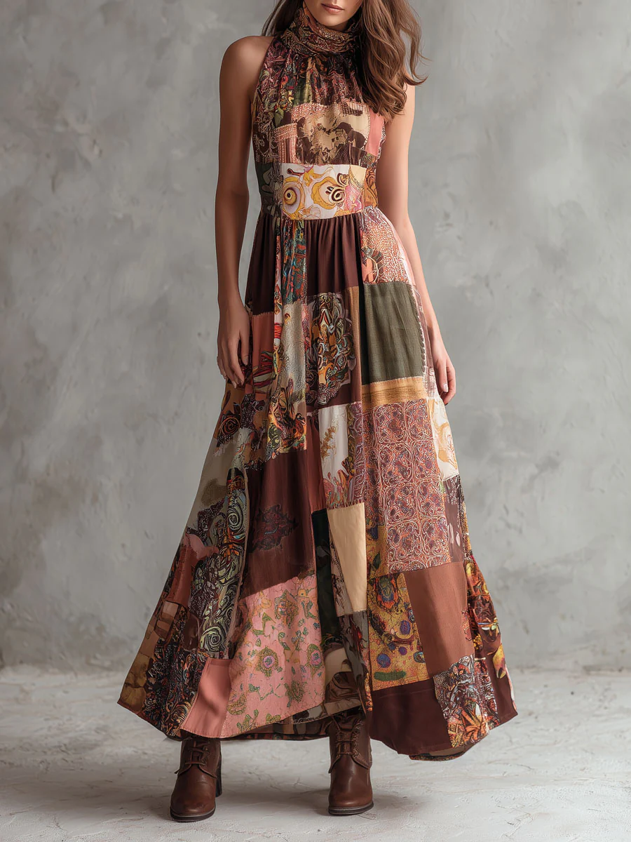 Boho Halter Neck Desert Mosaic Patchwork Print Maxi Dress