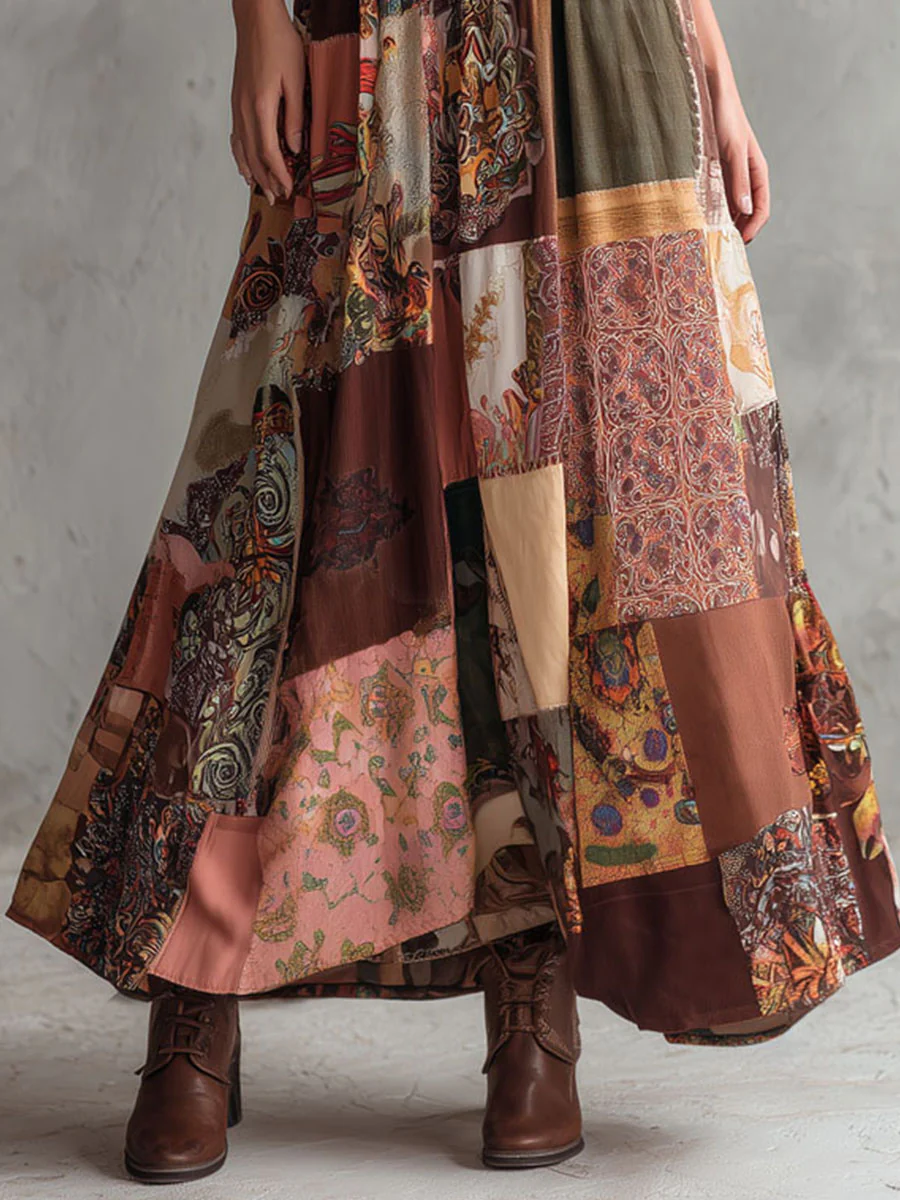 Boho Halter Neck Desert Mosaic Patchwork Print Maxi Dress - Image 2