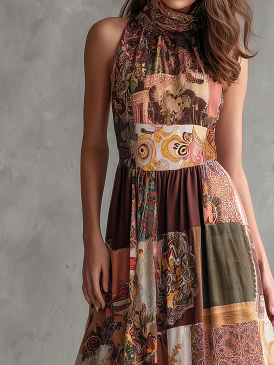 Boho Halter Neck Desert Mosaic Patchwork Print Maxi Dress - Image 3