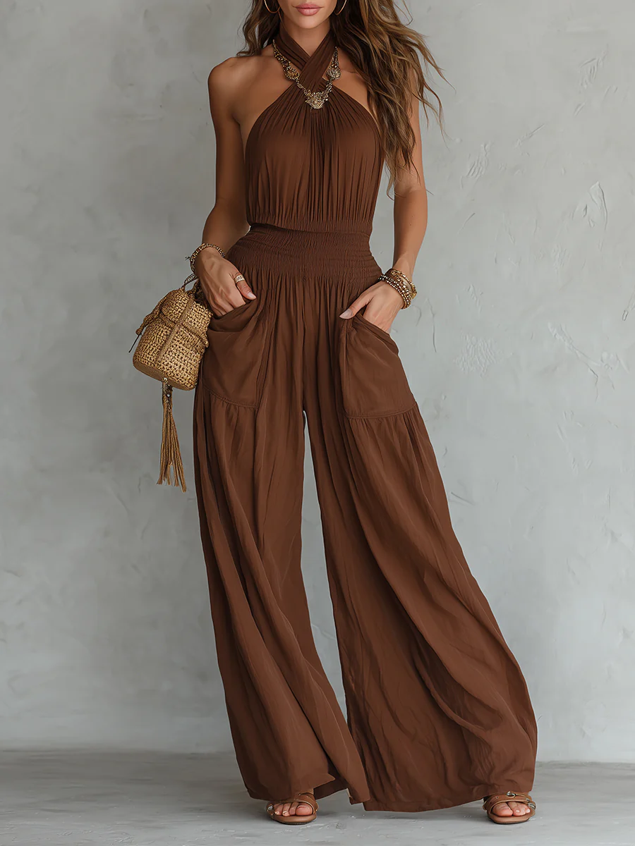 Boho Halter Neck Sleeveless Wide Leg Jumpsuit