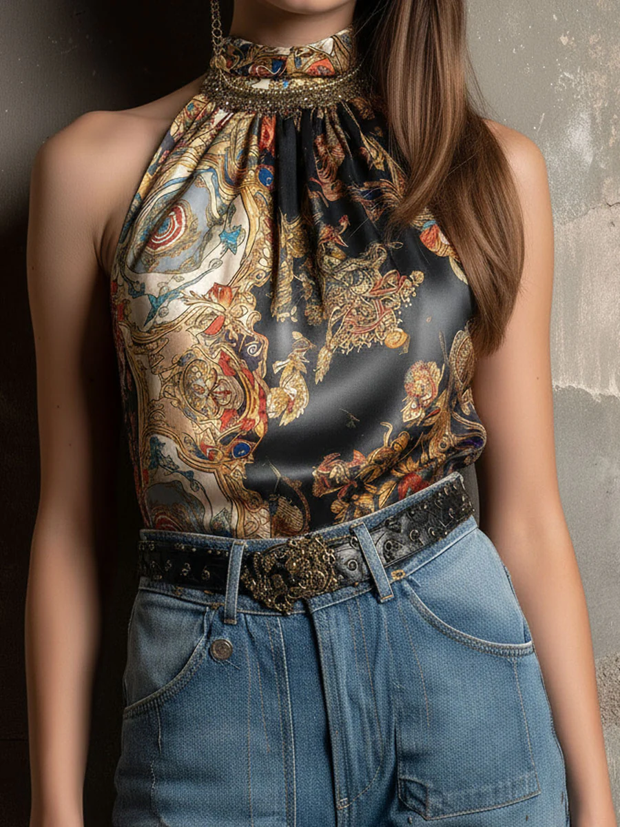 Boho High-Neck Baroque Print Satin Halter Scarf Top - Image 3