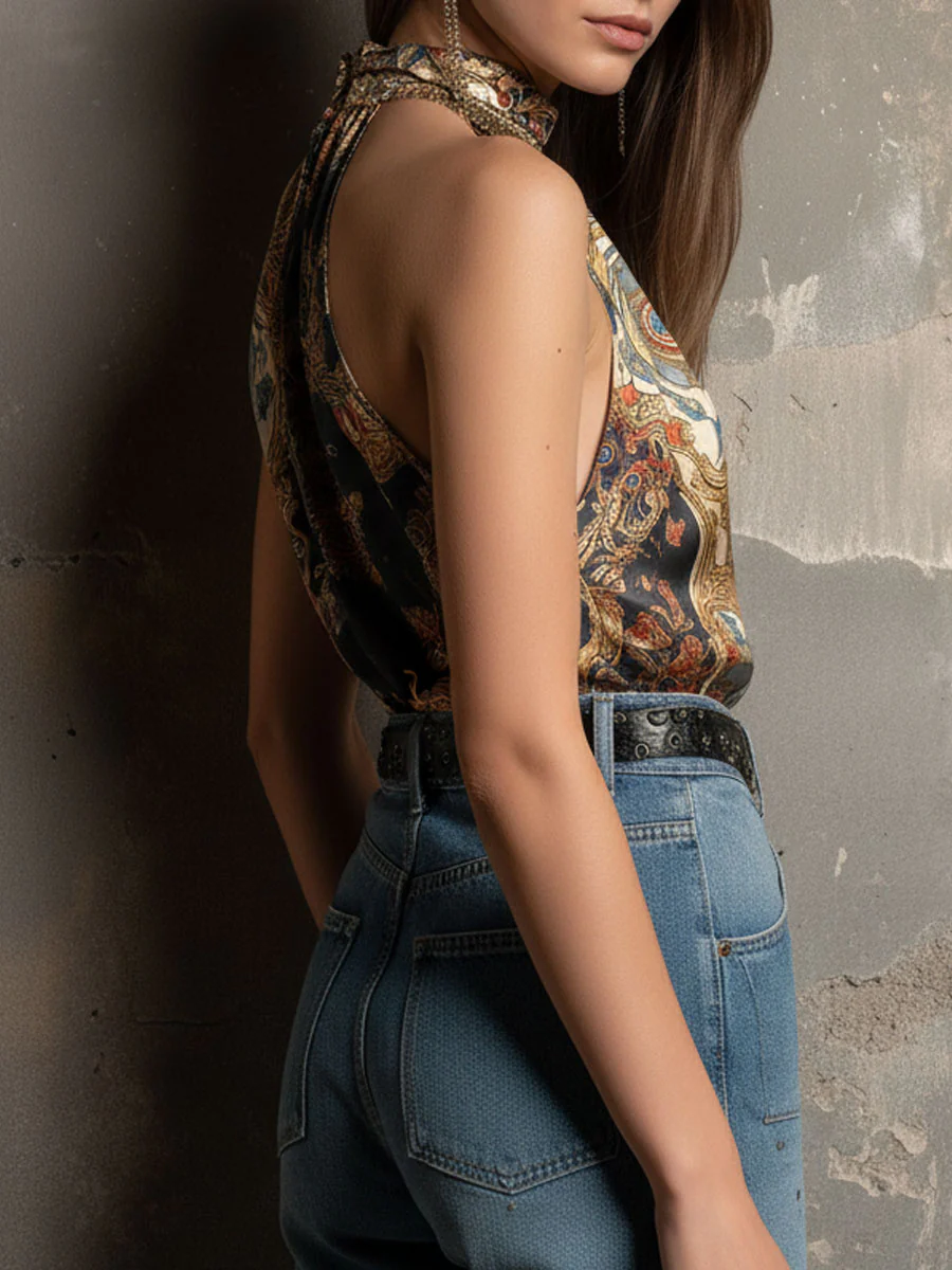 Boho High-Neck Baroque Print Satin Halter Scarf Top - Image 5