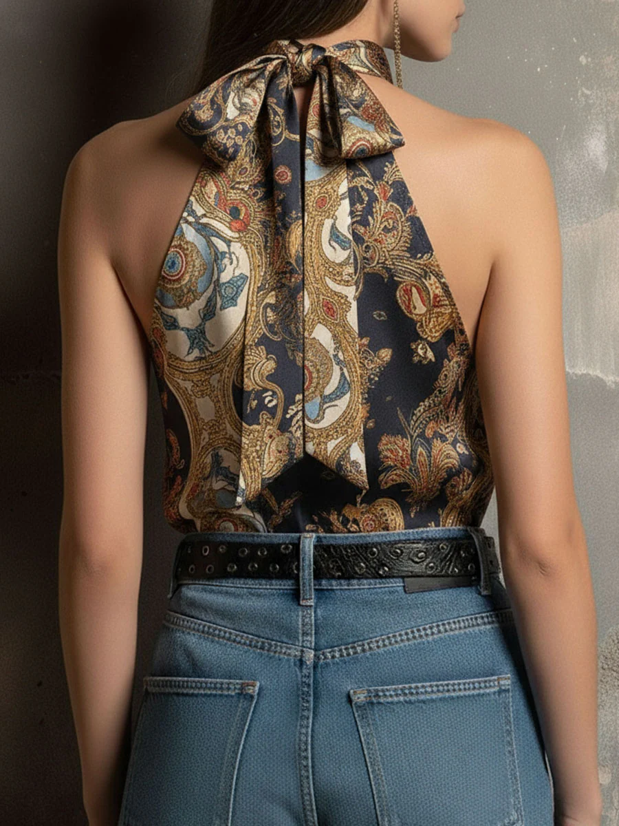 Boho High-Neck Baroque Print Satin Halter Scarf Top - Image 6