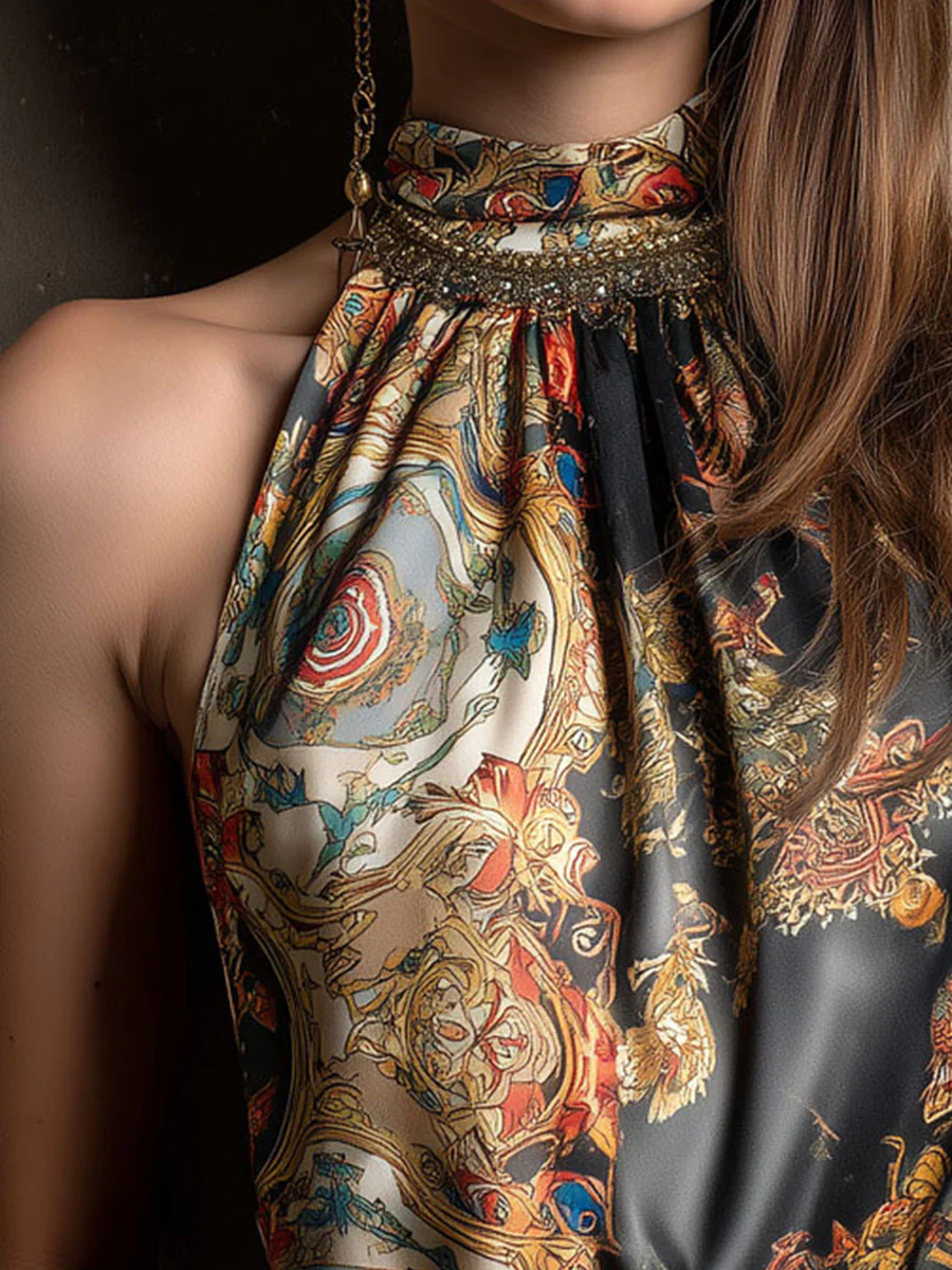 Boho High-Neck Baroque Print Satin Halter Scarf Top - Image 7