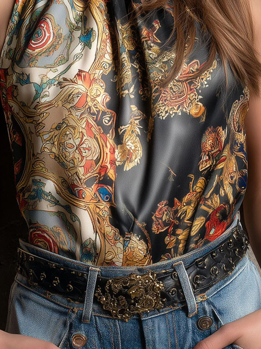 Boho High-Neck Baroque Print Satin Halter Scarf Top - Image 8