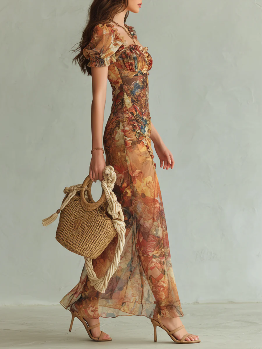Boho Holiday Oil Painting Printed Chiffon Maxi Dress - Image 2