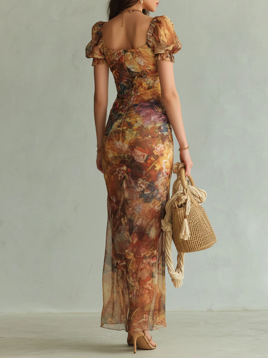 Boho Holiday Oil Painting Printed Chiffon Maxi Dress - Image 3