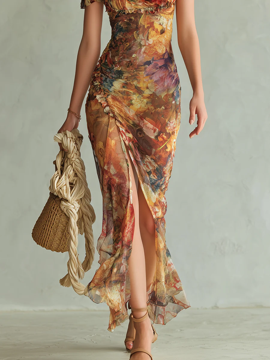 Boho Holiday Oil Painting Printed Chiffon Maxi Dress - Image 4