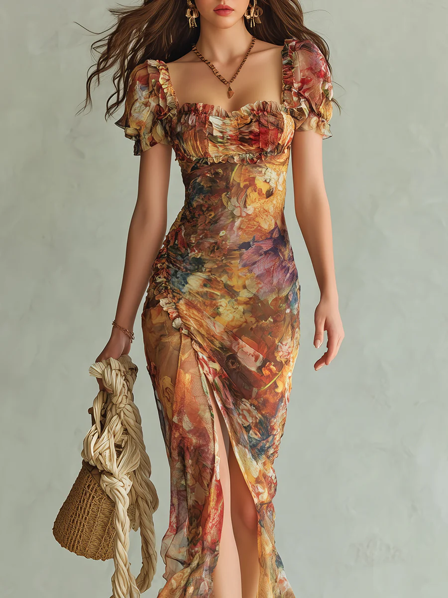Boho Holiday Oil Painting Printed Chiffon Maxi Dress - Image 5