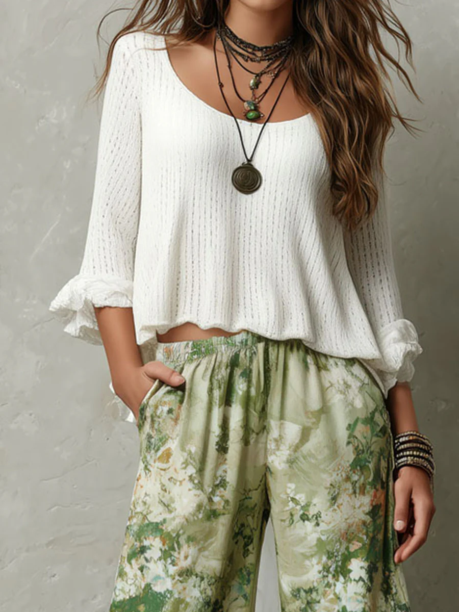 Boho Ivory Knit Top And Floral Wide-Leg Pants Set - Image 2