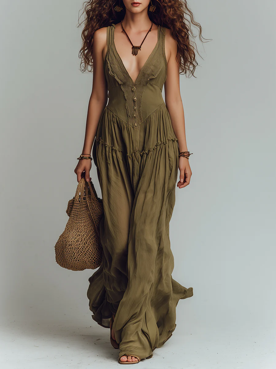 Boho Lace-Trimmed Ruffled-Hem Maxi Dress